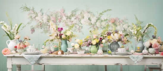 In a creative design filled with the vibrant colors of spring, a vintage-inspired table is adorned with an array of exquisite flowers and charming Easter decorations, celebrating the beauty of nature