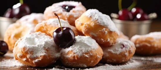 The homemade zeppole, a delicious sweet dessert typically enjoyed for breakfast or on Saint Josephs Day, is topped with black cherry for added flavor. - obrazy, fototapety, plakaty