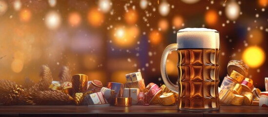 festive bar during a holiday celebration, a 3D illustration of a beer mug with a conceptual flag design is displayed against a background filled with illustrations of metal and ceramic beverage
