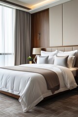 Modern luxury hotel room with comfortable bedding   AI generated illustration