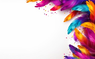 Mardi Gras poster. A banner template with colourful feathers isolated on white background, copy space at the left. Costume party flyer for carnivals. AI Generative