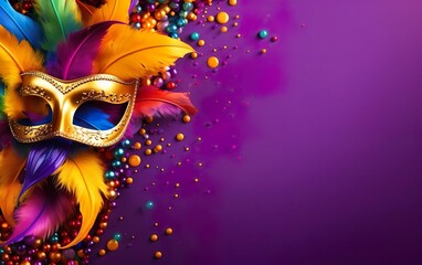 Happy Mardi Gras poster. A banner template with Venetian masquerade mask, confetti and feathers isolated on purple background, copy space at the right. Costume party flyer for carnivals. AI Generative - obrazy, fototapety, plakaty