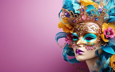 Happy Mardi Gras poster. Venetian masquerade mask with blue feathers for women isolated on pink background. Costume party outfit for carnivals. Paper mache style face covering. AI Generative