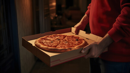 Italian pizza box in the hands of the delivery man