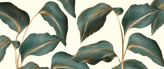 Background with tropical leaves of dark green color with golden line elements. Botanical art poster for design of print, banner, textile, wallpaper, interior design, packaging. - obrazy, fototapety, plakaty