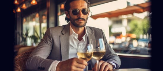 At the modern cafe, the successful businessman, wearing stylish sunglasses, enjoys a glass of wine, showcasing his impeccable fashion sense while relaxedly drinking, portraying a lifestyle of business