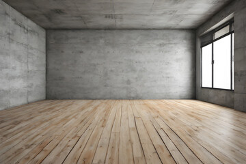 the empty room with concrete wall and wooden floor