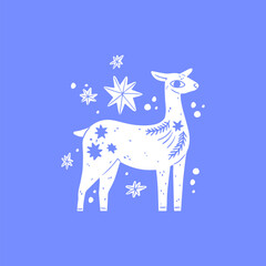 Simple Scandinavian doe with winter details. Blue and white animal, greeting card. Monochrome hygge kids illustration