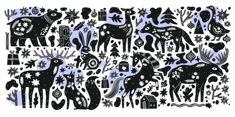 Fototapeta na wymiar Simple Scandinavian wild animal with winter details. Animal art. Retro floral doodle. Apparel print. Plant blossom. Black silhouette. Vector vintage. Bear, hare, fox, deer, wolf.Fashion nordic graphic