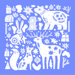 Simple Scandinavian wild animal with winter details. Animal art. Retro floral doodle. Apparel print. Plant blossom. Black silhouette. Vector vintage. Rabbit, fox, bear, deer.Fashion nordic graphic