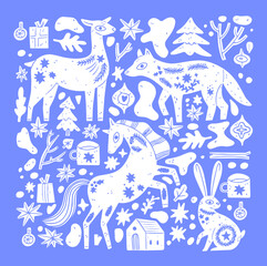 Simple Scandinavian wild animal with winter details. Animal art. Retro floral doodle. Apparel print. Plant blossom. Black silhouette. Vector vintage. Rabbit, wolf, horse.Fashion nordic graphic