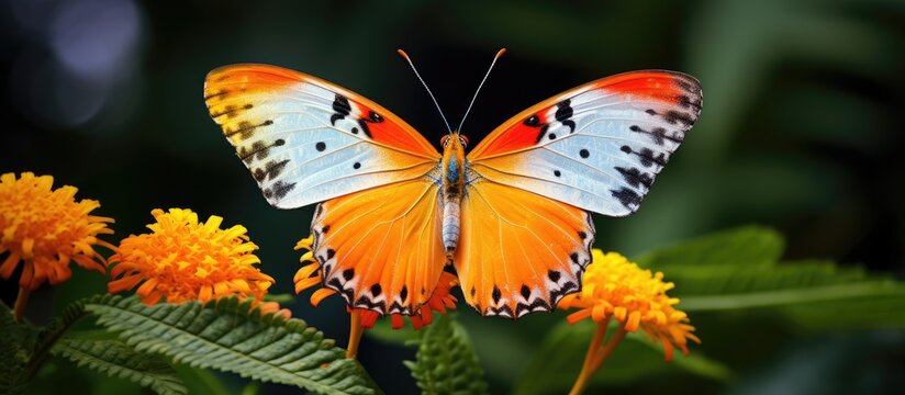 In the beautiful garden of summer, an isolated white background accentuates the natural beauty of a tropical butterfly with vibrant orange wings, captivating the eye with its mesmerizing yellow and