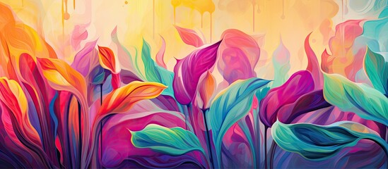 Fototapeta na wymiar The background in this abstract art illustration features a vibrant pattern of green leaves and a rainbow, creating a textured and energetic nature-inspired scene. The use of light and digital effects