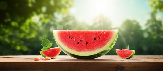 summer sun, a sweet watermelon sits on a wooden table. Cut into sections, the circular fruit with its succulent red flesh is a refreshing treat. The green rind frames the vibrant and juicy watermelon - Powered by Adobe