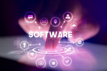 Finger touching tablet with web technology icons concept