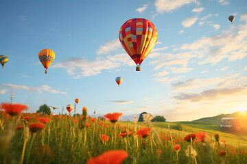 Naklejka premium Colorful hot air balloons flying over a field of red flowers at sunrise against a bright azure sky with white clouds.
