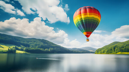 Rainbow colored hot air balloon flying over a lake. Beautiful travel landscape with green hills, blue sky, & white clouds on a sunny day. Copy space.