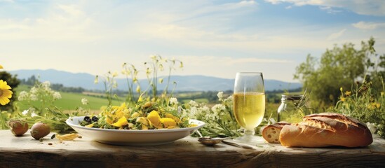 On a white tablecloth, surrounded by a serene spring setting, a plate of healthy food featuring freshly baked bread and a bottle of natural olive oil awaits, perfectly complemented by the vibrant