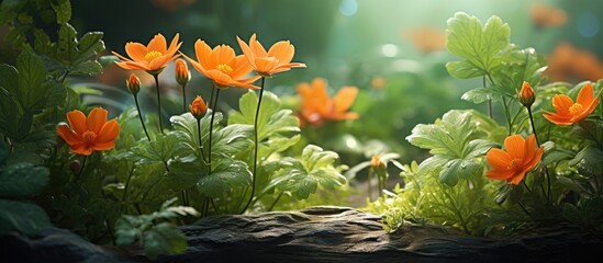 In an isolated garden, the background depicted lush green leaves and vibrant orange flowers, creating a breathtaking spring scenery. The contrasting textures of the petals and the delicate beauty of - obrazy, fototapety, plakaty