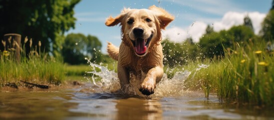 In the picturesque park, a beautiful Labrador happily bounds through a muddy field, his adorable...