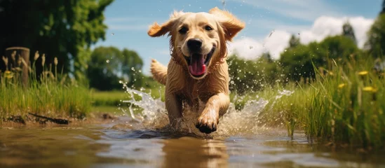 Fotobehang In the picturesque park, a beautiful Labrador happily bounds through a muddy field, his adorable portrait capturing the joy of his nature-filled adventure. © AkuAku