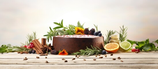 A mouthwatering and healthy dessert, this organic cake showcases the vibrant colors of nature with its array of fresh herbs, spices, and ingredients presented on a wooden surface against a white