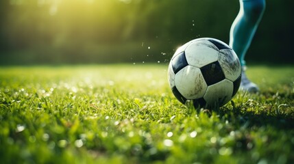 Soccer player with ball on grass field close up AI generated illustration
