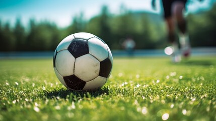 Fototapeta premium Soccer player with ball on grass field close up AI generated illustration