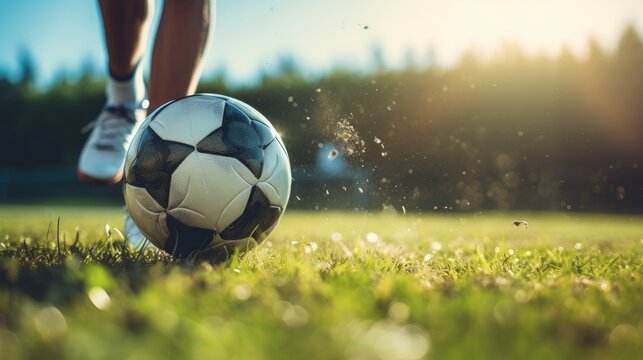 Soccer player with ball on grass field close up AI generated illustration