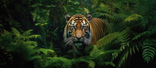 In the dense, lush jungle of a tropical Asian forest, a majestic tiger prowled, its beautiful feline form blending seamlessly into the environment, a true predator of the wild, adding to the vibrant