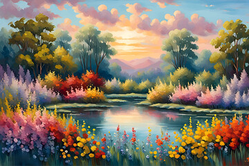 Fototapeta na wymiar Painting of landscape with lake, ai generated 
