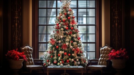 View of christmas tree decorated with ornaments AI generated illustration