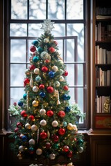 View of christmas tree decorated with ornaments AI generated illustration