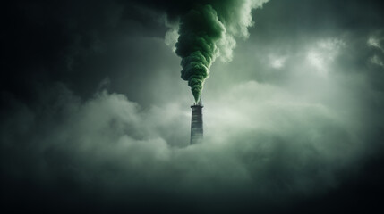 Pollution concept. Big chimney of factory on dark toned foggy background.