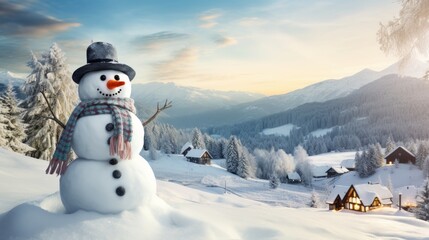 View of snowman with winter landscape and snow AI generated illustration