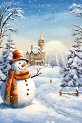 View of snowman with winter landscape and snow AI generated illustration