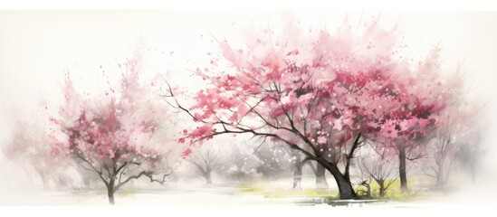 In a serene Japanese garden, an isolated white background highlights a pink watercolor cherry blossom tree, as young pink petals flutter in the spring breeze, creating a whimsical floral scene