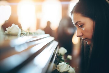 Sad woman at a funeral with flower on coffin after loss of a loved one - obrazy, fototapety, plakaty