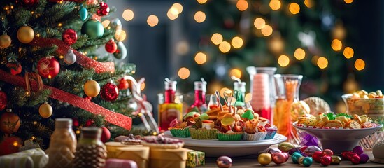 Fototapeta premium In the background of a festive winter space, a Christmas tree stood adorned with colorful ornaments and wrapped gifts, surrounded by a white and green table filled with delicious food and candy