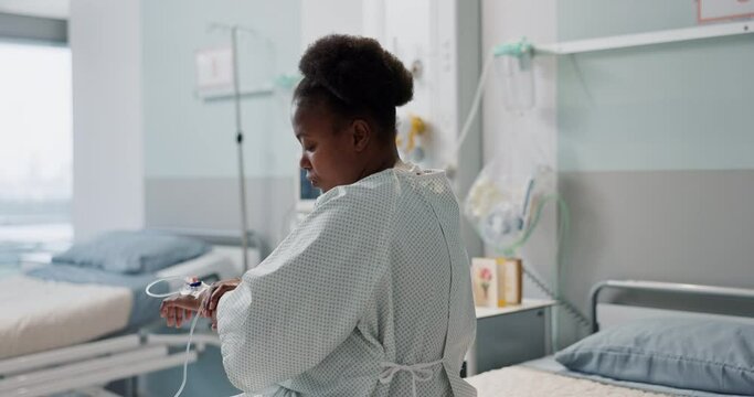 Patient, hospital and thinking black woman after medical surgery for healthcare service, assessment or treatment. Consultation, medicine and sick person is sad in a clinic for health and depressed