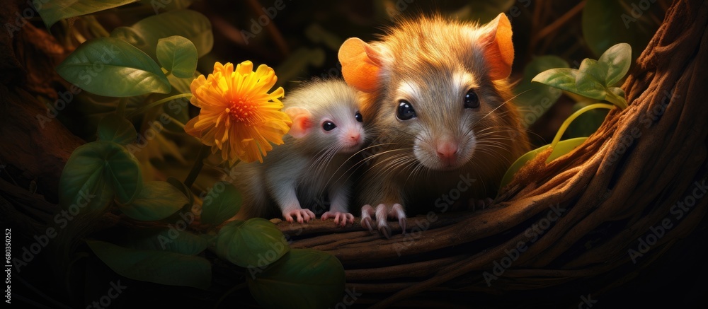 Canvas Prints enchanting forest, a young mammal lay grassy embrace, surrounded by the vibrant hues of nature, as a baby animal peered from behind an orange tree. The adorable face of the creature held a portrait of