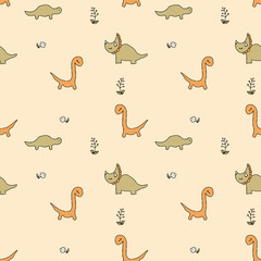 Summer seamless pattern with dinosaurs and flowers. Cute print for tee, paper, textile and fabric. Simple illustration for decor and design.