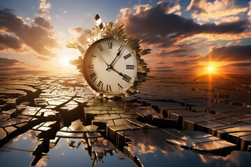 Artistic Clock in an Abstract Imaginary Desert of Gold with Multiple Giant Clock Faces Embedded, Reflective Ground, and a Spectacular Sunset Evening Sky