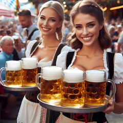 two waitresses with a tray of beer mugs at the oktoberfest. Generative AI - obrazy, fototapety, plakaty