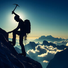 a climber with an ice ax ascending a mountain with the clouds and the sunrise in the background. Generative AI