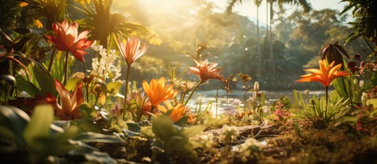 Fototapeta na wymiar lush tropical garden, amidst a sea of vibrant green grass, the sun bathed the landscape with its warm golden light, illuminating the colorful flowers and creating the perfect background for a