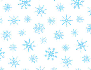 Vector doodle pattern of blue snowflakes drawn by hand. Snow on a white background,  textile and fabric design.