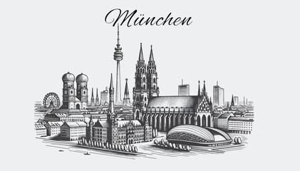 München Skyline Panorama - Vektor-Illustration - obrazy, fototapety, plakaty