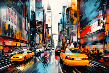 Abstract painting of a busy city street

