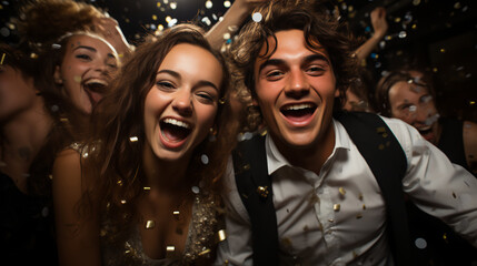 Couple celebrating at a New Year&rsquo;s Eve Party - confetti - formal dress - happy joy - party - dance - dancing - celebration - ball 